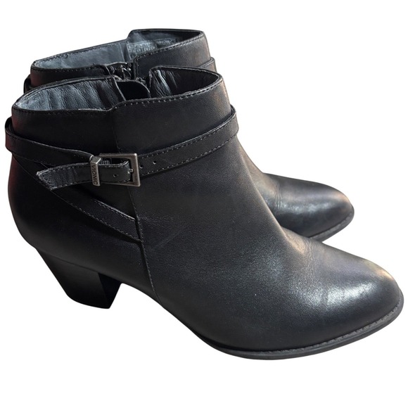 Vionic Shoes - Vionic Upton Black Leather Ankle Boots Buckle‎ Strap Side Zip Block Heel Size 9